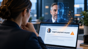 Business employee reviewing a phishing email illustrated with an AI-generated executive impersonation.